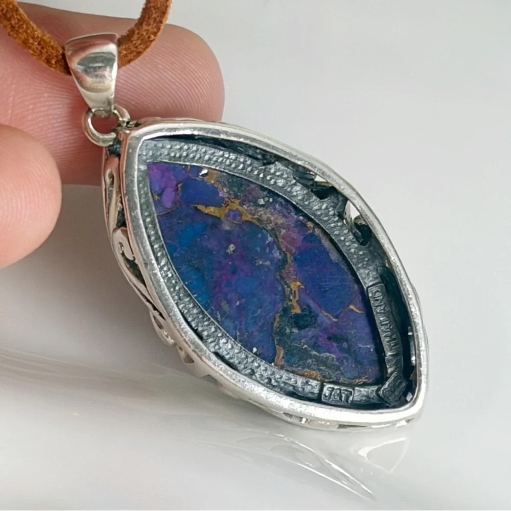Vintage Sterling Silver 925 Purple Copper Turquoise Pendant Marquise Southwest